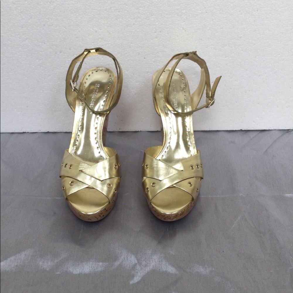 BCBG Gold Cork Wedge Platform Heel Sandals